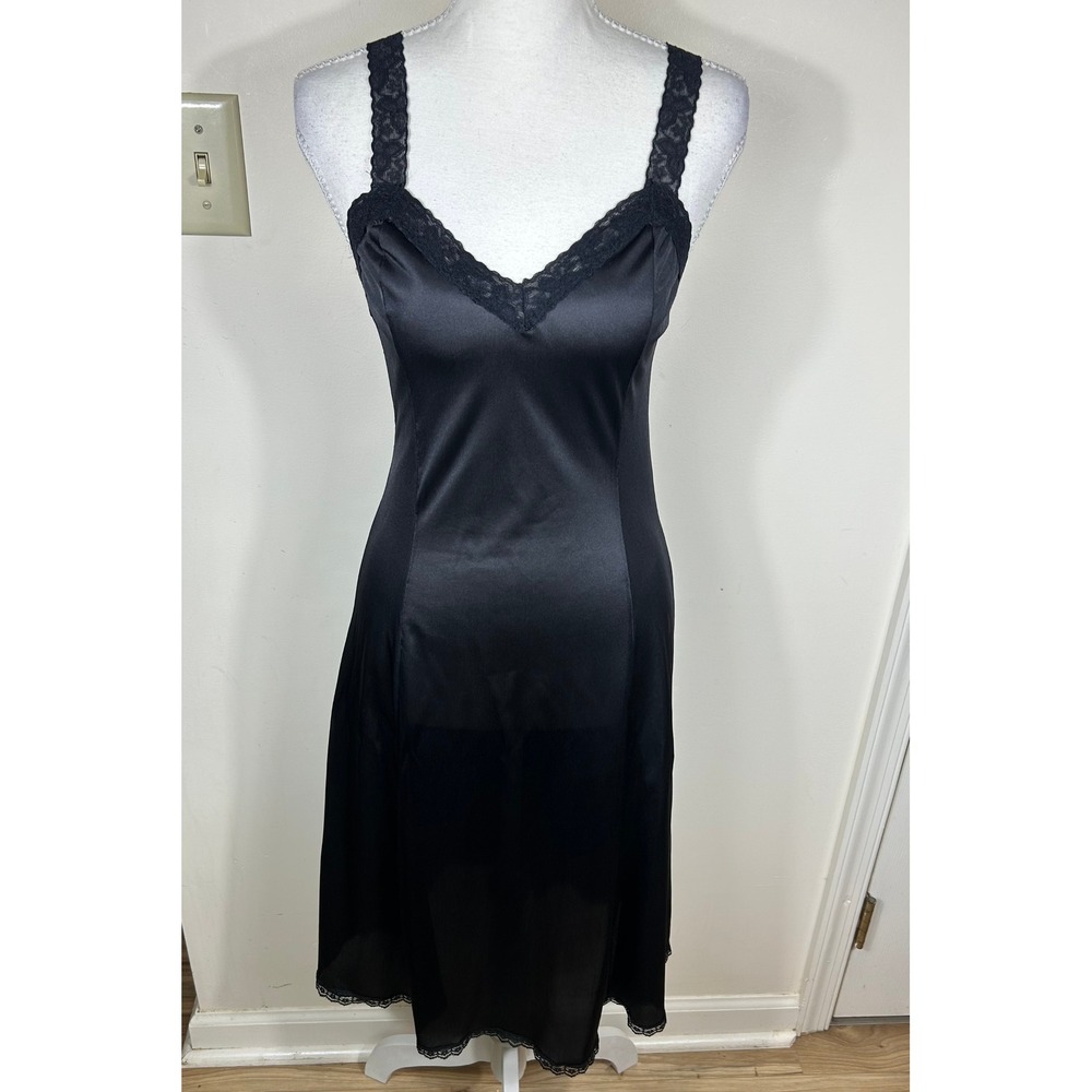VTG Legends Full Slip Dress Sz 32 XS Black Lace Trim Antron Nylon Lingerie Goth